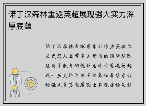 诺丁汉森林重返英超展现强大实力深厚底蕴